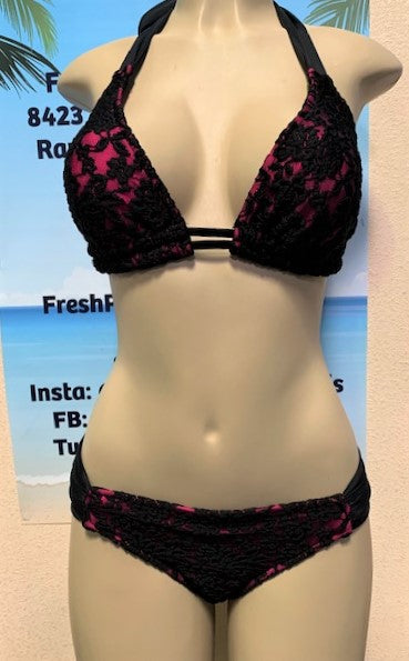 SALE Lola Double String Bikini Top Hot Pink Black Lace