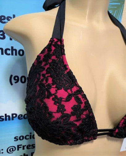 SALE Lola Double String Bikini Top Hot Pink Black Lace