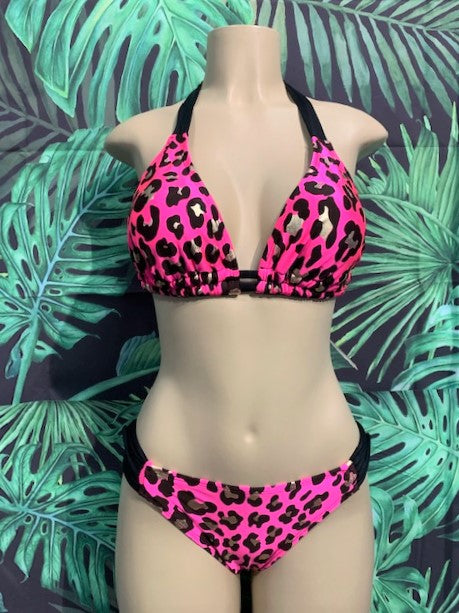 Lola Double String Bikini Top Pink Gold Cheetah