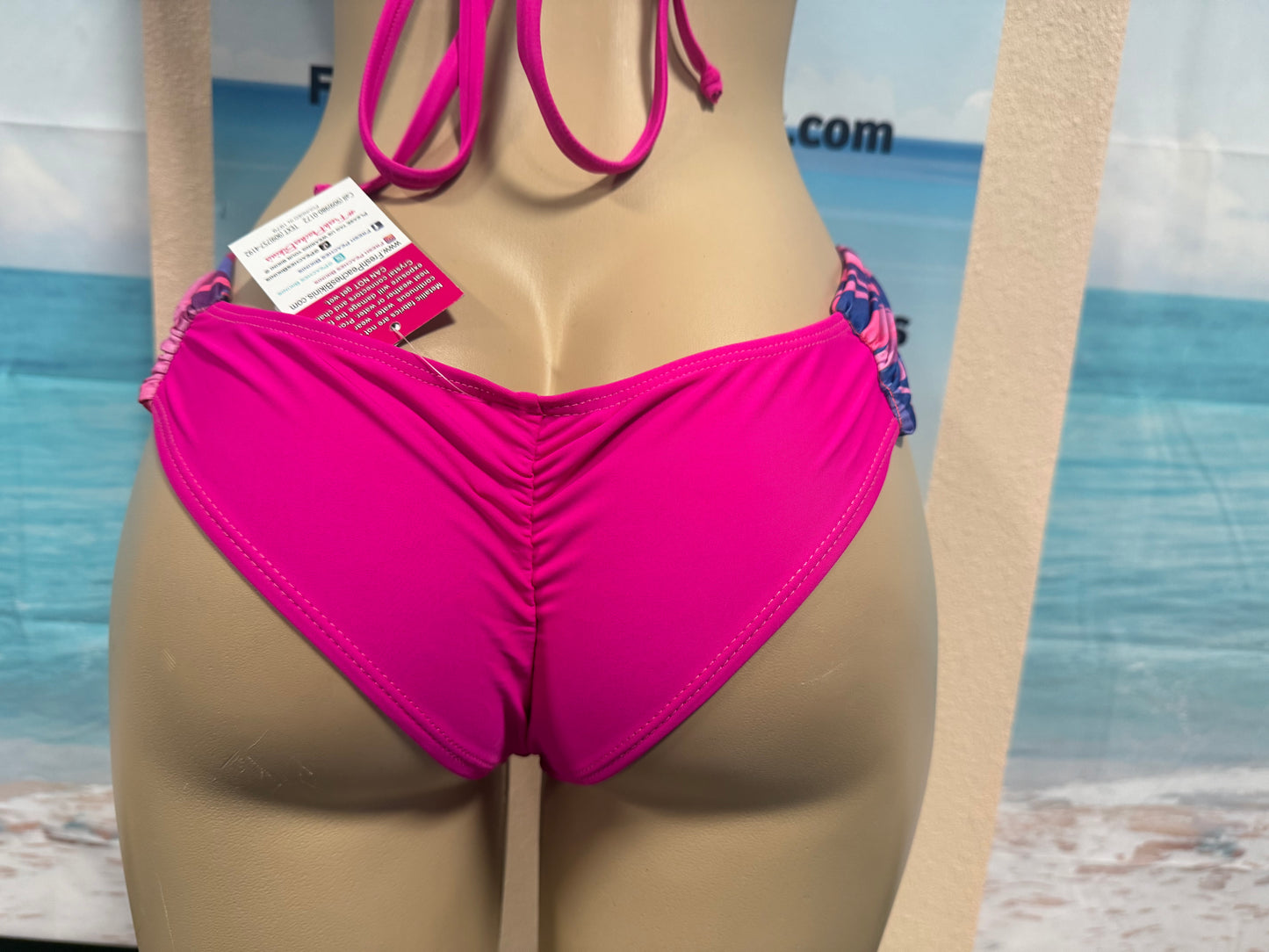 Tonga Bikini Bottoms Solid Fuchsia with Pink Purple Leafy sides