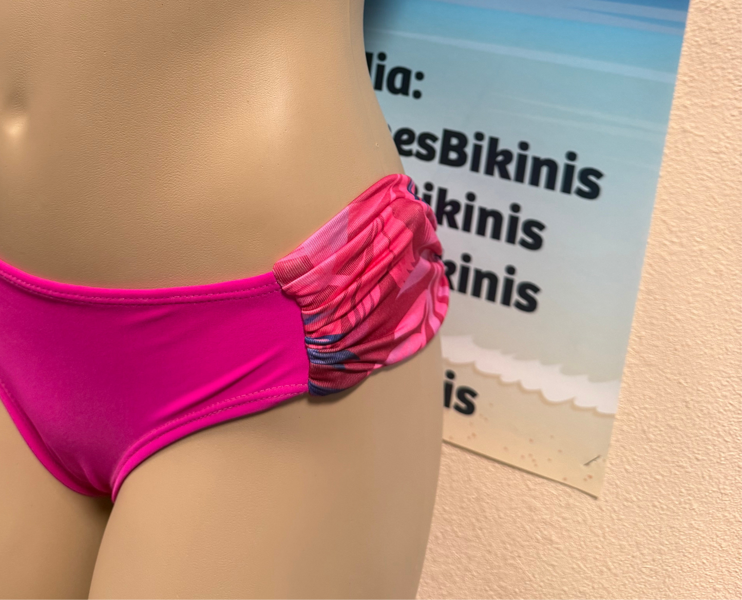 Tonga Bikini Bottoms Solid Fuchsia with Pink Purple Leafy sides