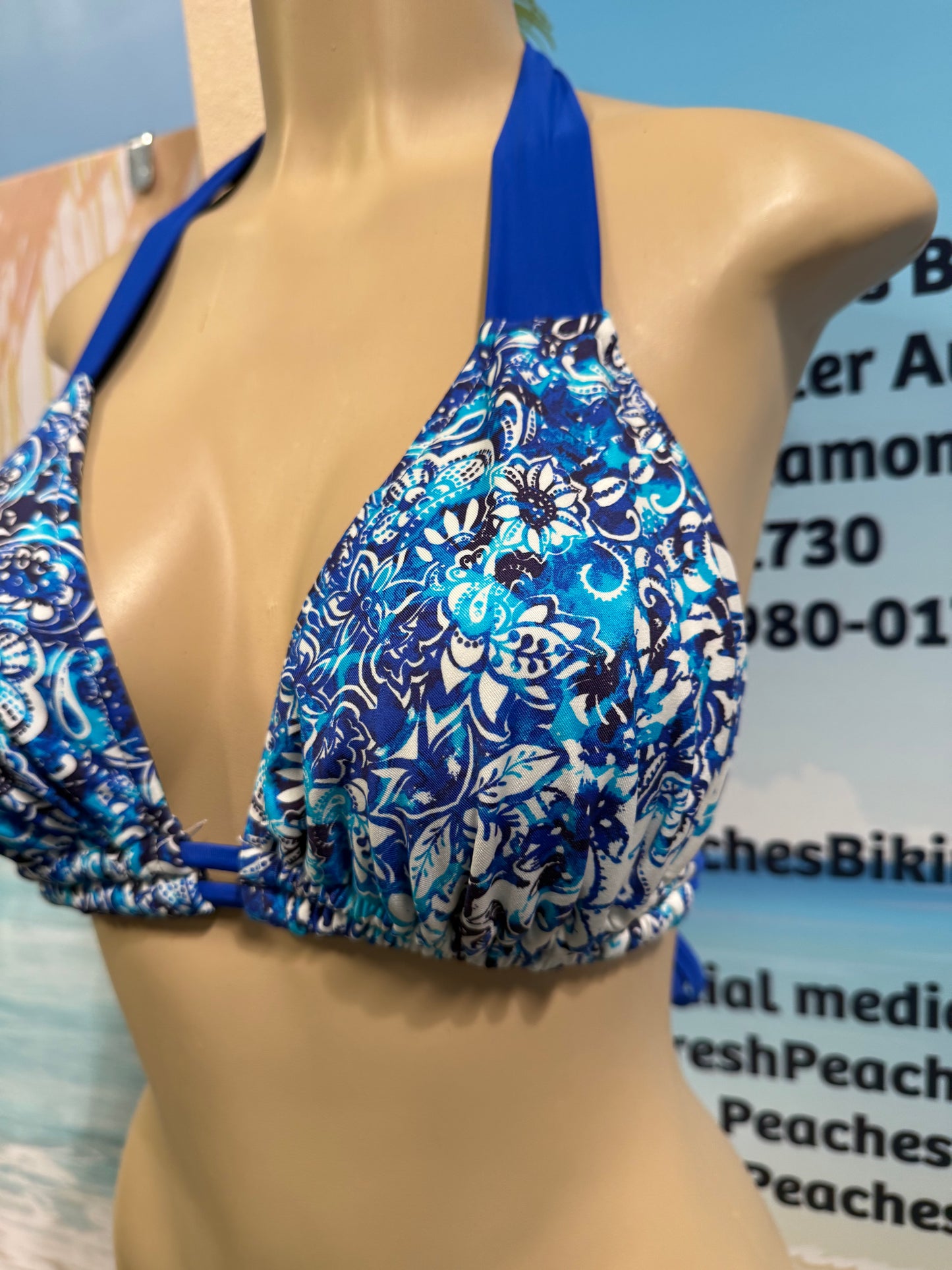 Lola Double String Bikini Top Blue White Flowers