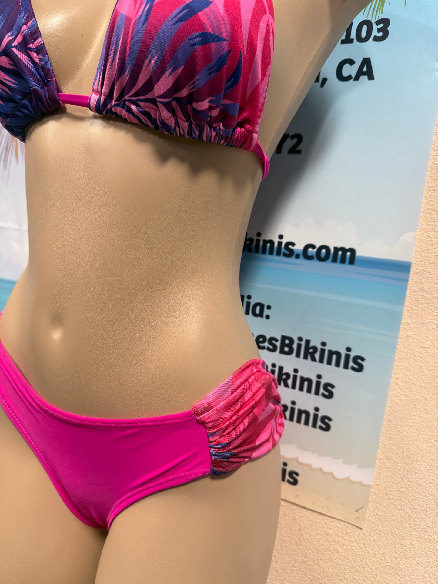 Tonga Bikini Bottoms Solid Fuchsia with Pink Purple Leafy sides