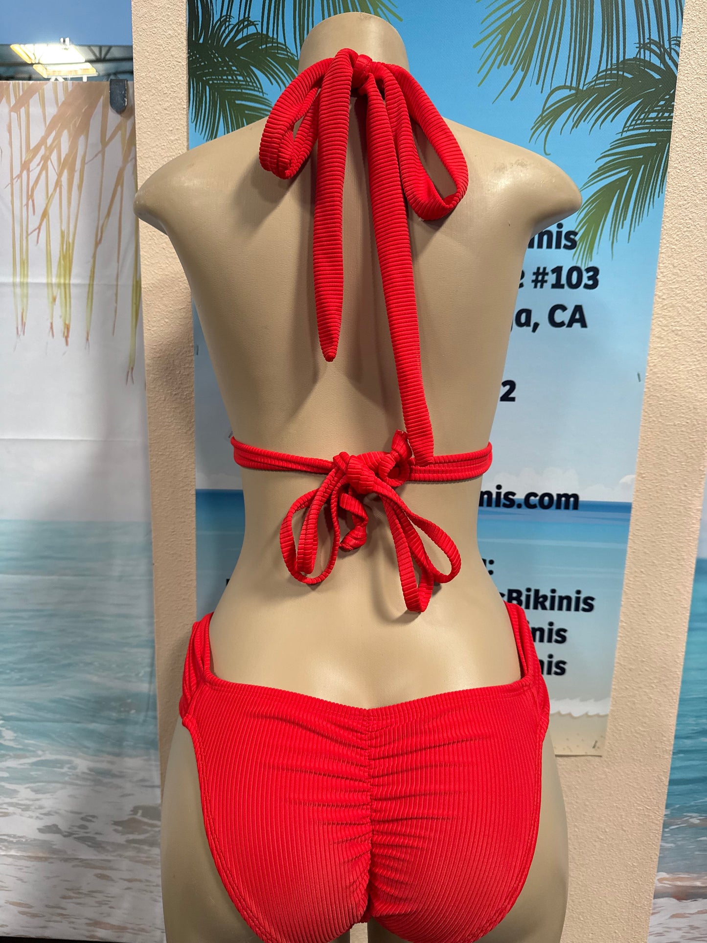 Lola Double String Bikini Top Neon Red Ribbed