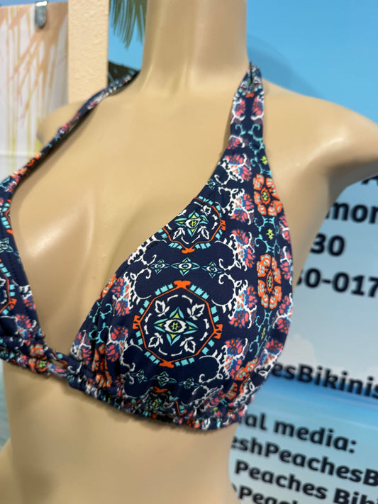 Lola Double String Bikini Top Navy Blue Coral Floral