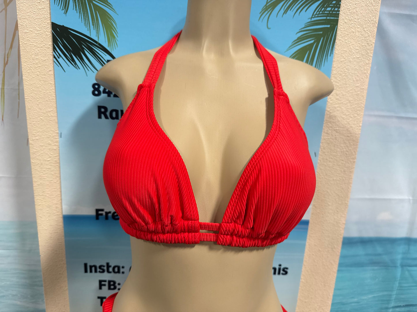 Lola Double String Bikini Top Neon Red Ribbed