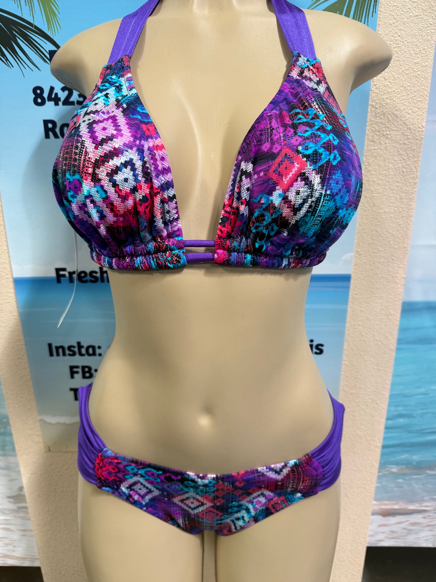 Lola Double String Bikini Top Purple Argyle