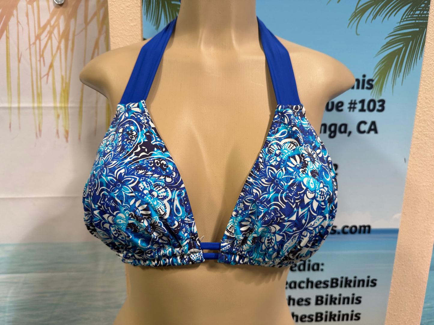 Lola Double String Bikini Top Blue White Flowers