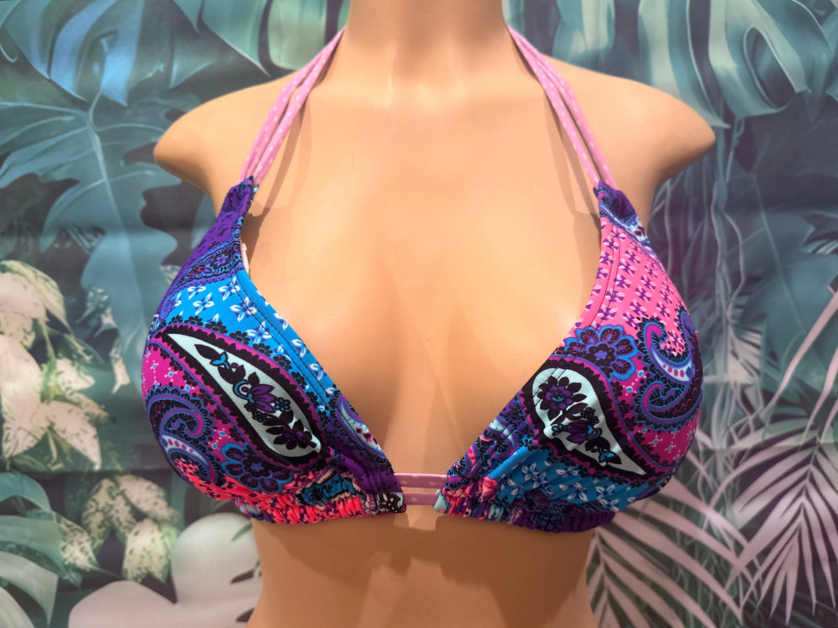 Lolita Double String Bikini Top Purple Patchwork Paisley