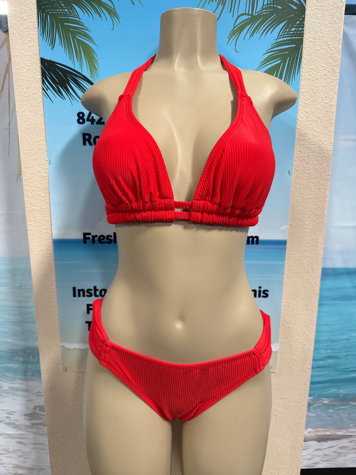 Lola Double String Bikini Top Neon Red Ribbed