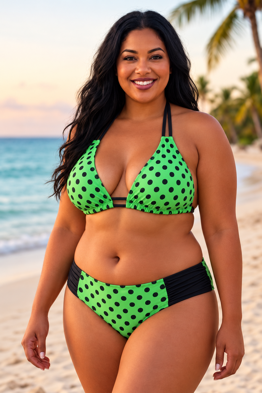 Lola Double String Bikini Top Neon Green and Black Polka Dots