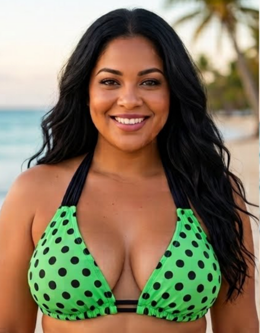Lola Double String Bikini Top Neon Green and Black Polka Dots