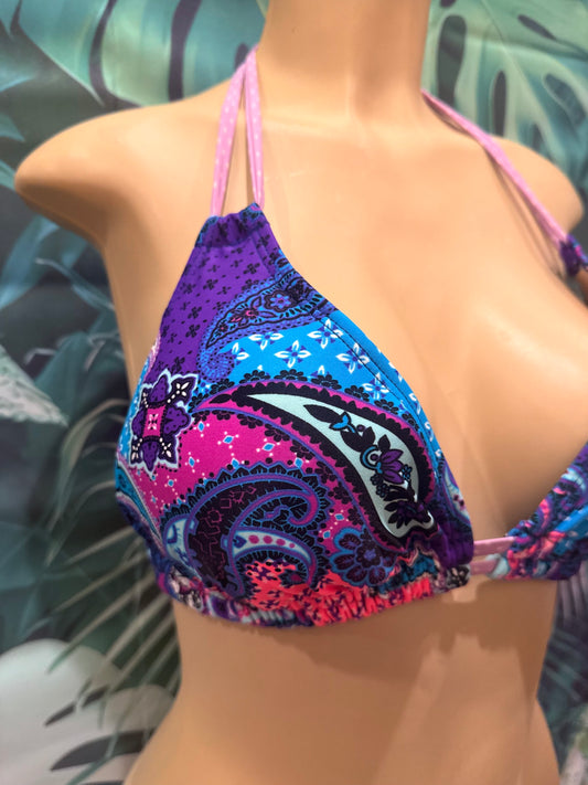 Lolita Double String Bikini Top Purple Patchwork Paisley