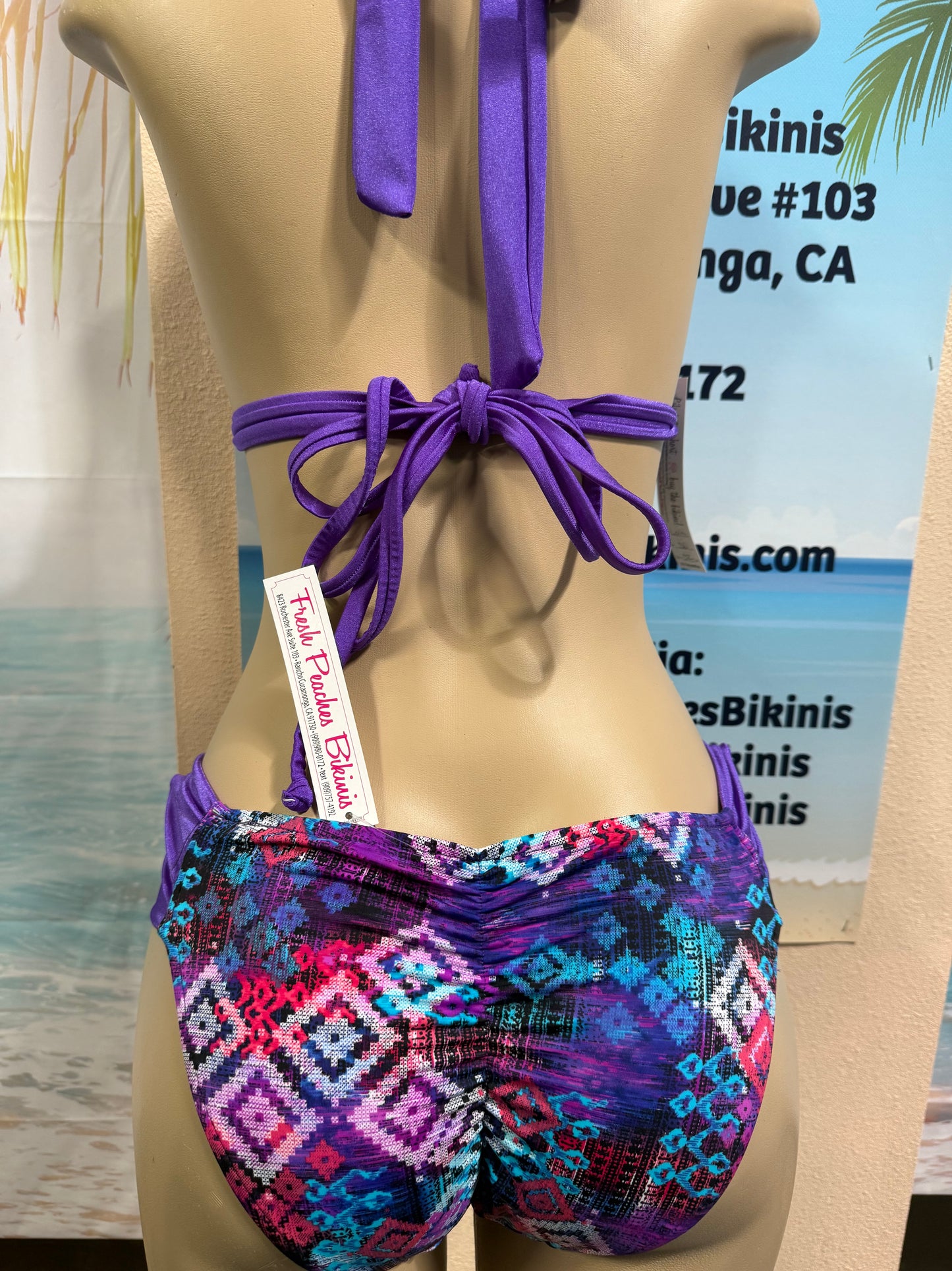 Lola Double String Bikini Top Purple Argyle
