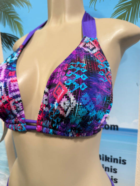 Lola Double String Bikini Top Purple Argyle