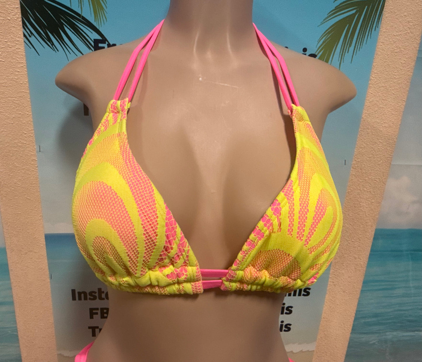 Lolita Double String Bikini Top Neon Pink with Neon Yellow Crochet