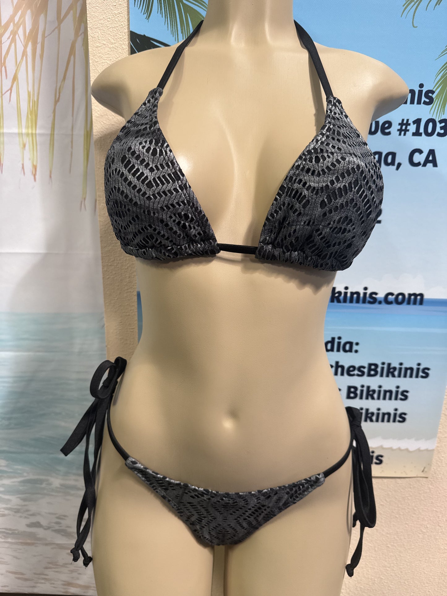 Lyla Triangle Top Black Silver Metallic Crochet Net
