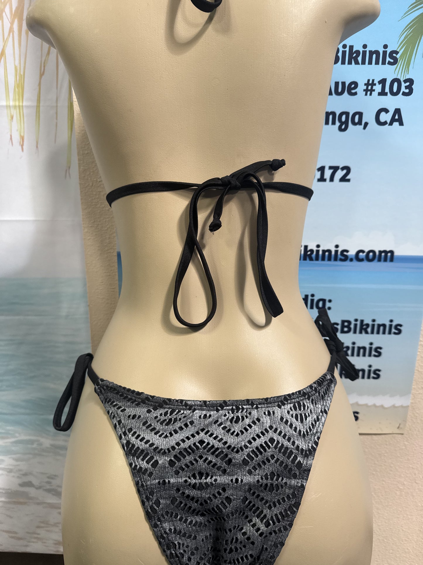 Islander Rio Tie Side Bottoms in Black Silver Metallic Crochet Net