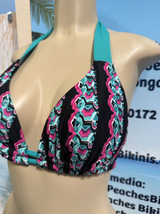Lola Double String Bikini Top Black Teal Magenta Tribal Stripe