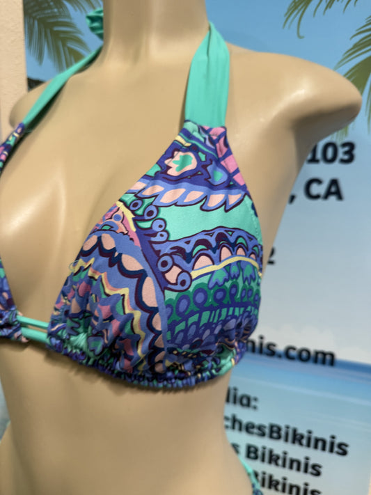 Lola Double String Bikini Top Bright Mint Paisley