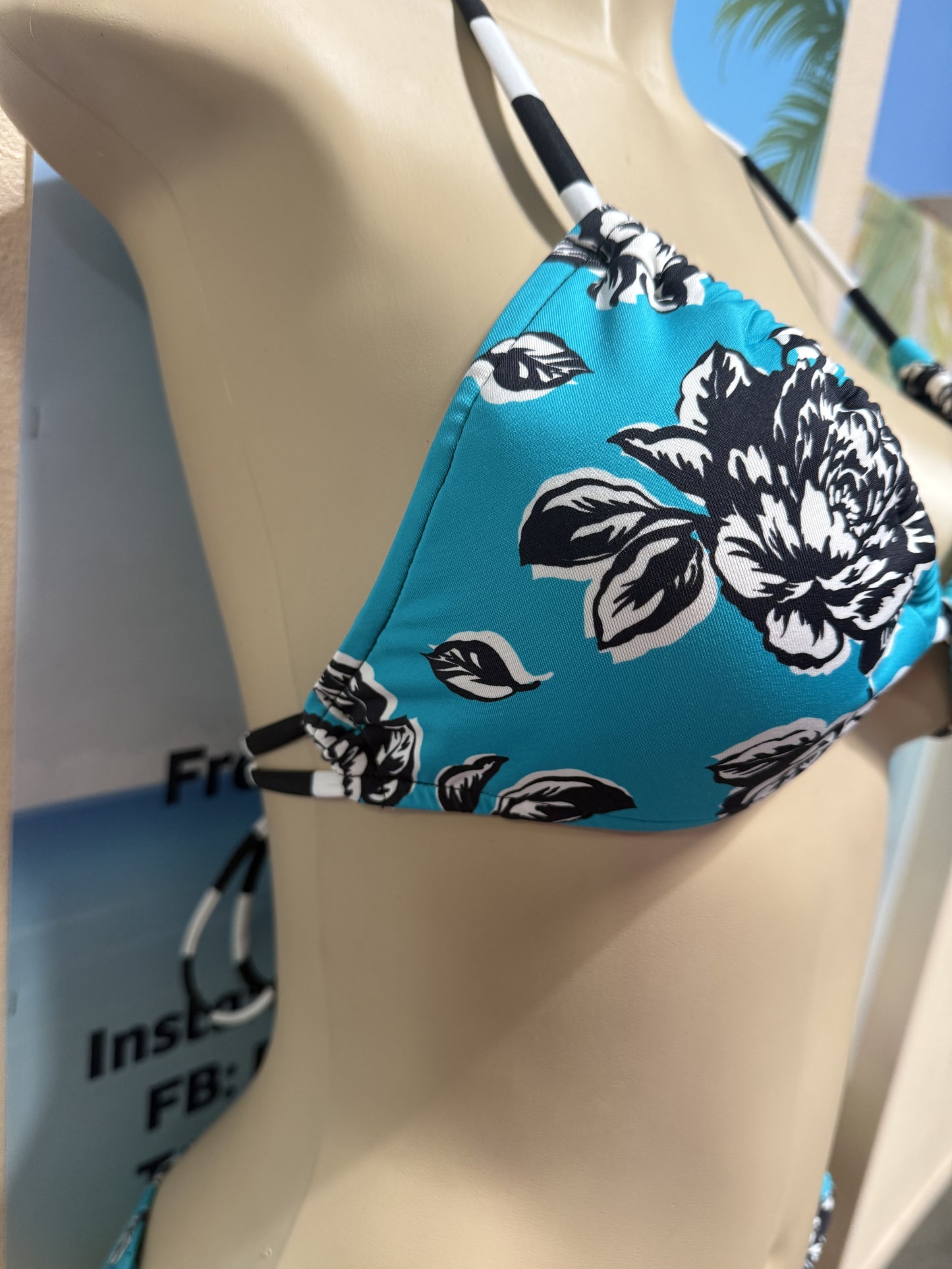 Layla Triangle Top Turquoise Black Floral Rebel