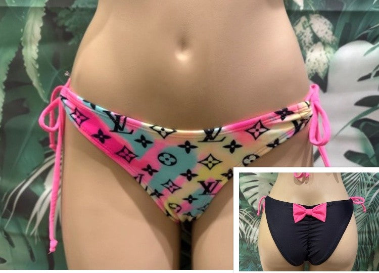 Cabo Tie Side Bottoms LV Pink Turquoise Black Rear Pink Bow