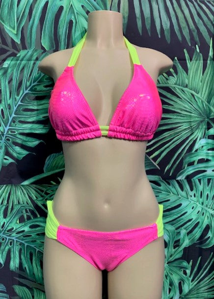 Lola Double String Bikini Top Neon Pink Cobra Neon Yellow Ties