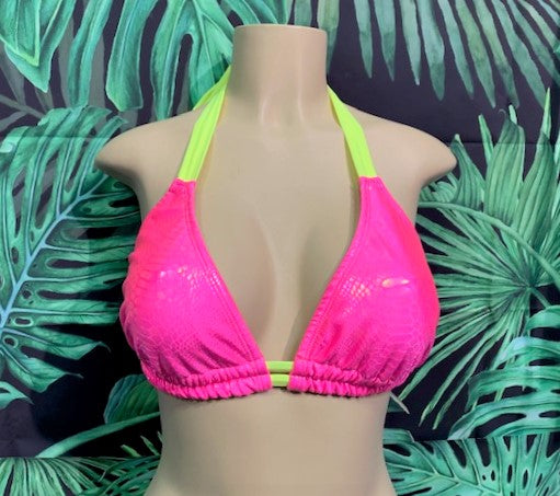 Lola Double String Bikini Top Neon Pink Cobra Neon Yellow Ties