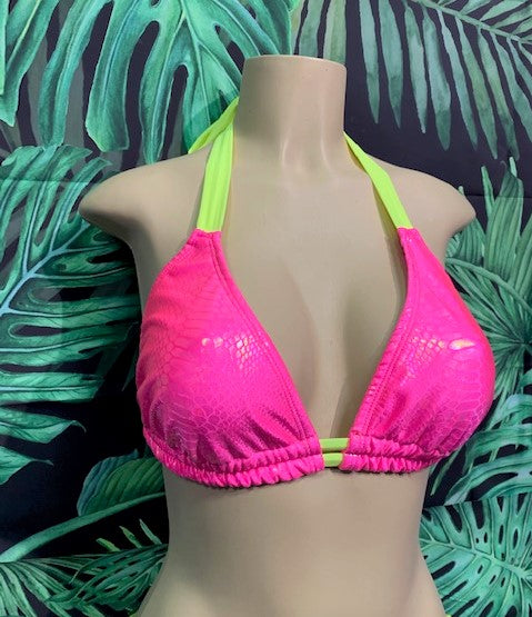 Lola Double String Bikini Top Neon Pink Cobra Neon Yellow Ties