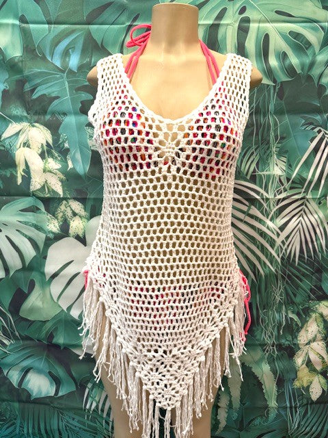 Crochet Cover Up Dress Fringe Hem White