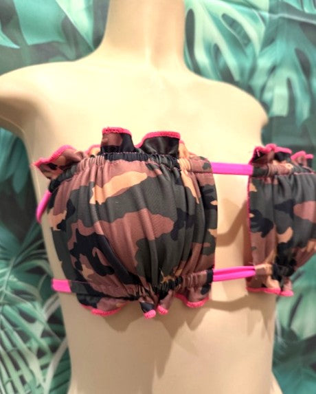 Ella Reversible Ruffle Top Army Camo with Neon Pink