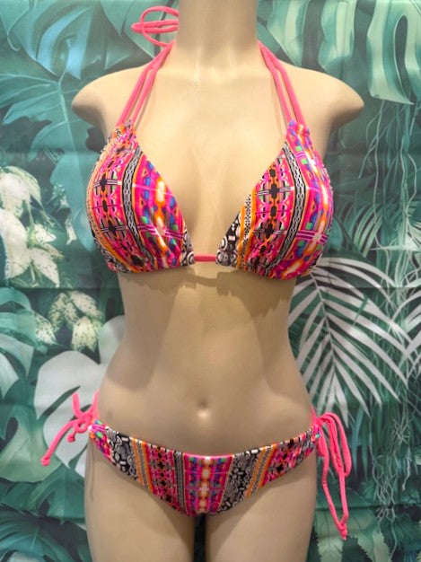 Cabo Tie Side Bottoms Neon Coral Black Tribal