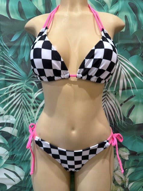 Cabo Tie Side Bottoms Nascar Flag with Neon Pink Bow