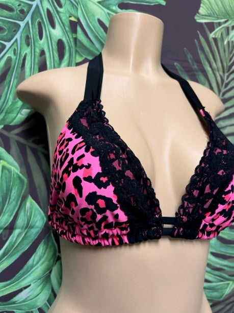 SALE Lola Double String Bikini Top Barbie Pink Leopard with Lace