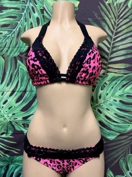 Lola Double String Bikini Top Barbie Pink Leopard with Lace