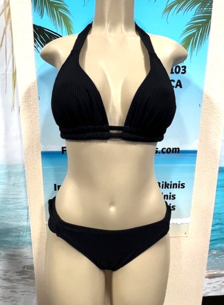 Lola Double String Bikini Top Black Ribbed