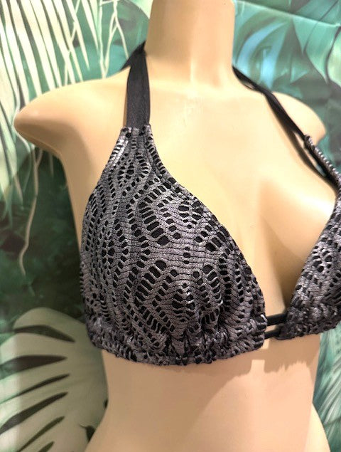 Lola Double String Bikini Top Black Distressed Silver Crochet Net