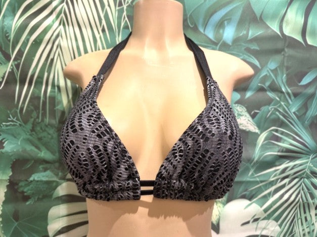 Lola Double String Bikini Top Black Distressed Silver Crochet Net