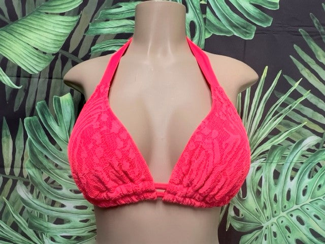 Lola Double String Bikini Top Neon Coral Crochet Lace