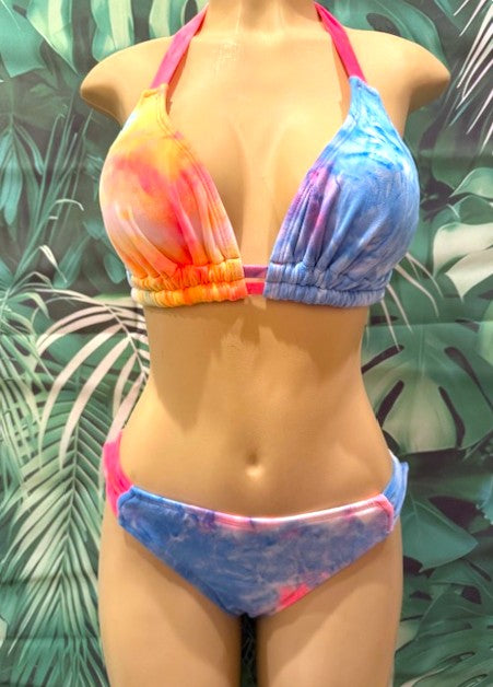 Lola Double String Bikini Top Neon Electric Tie Dye