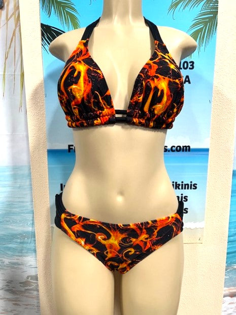 Lola Double String Bikini Top Black and Orange Flames