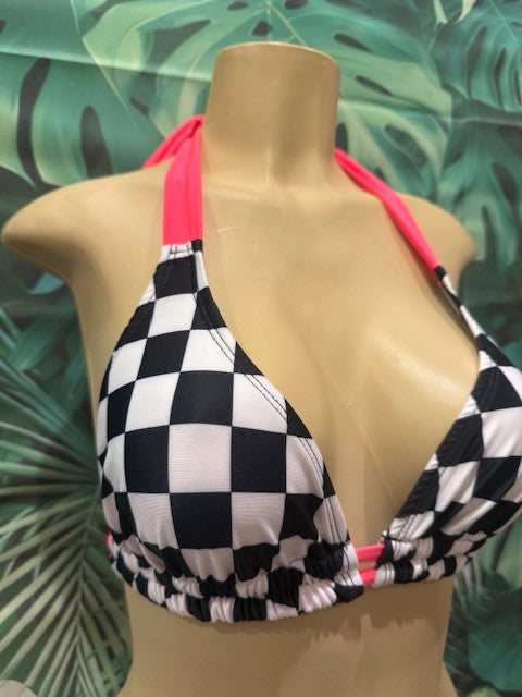 Lola Double String Bikini Top Nascar Flag Electric Coral