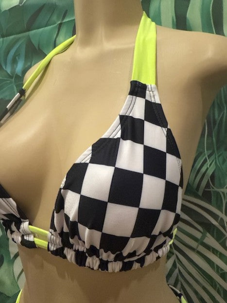 Lola Double String Bikini Top Nascar Flag Electric Yellow