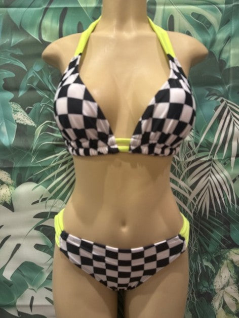 Lola Double String Bikini Top Nascar Flag Electric Yellow