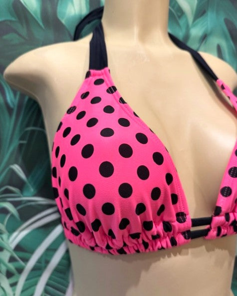Lola Double String Bikini Top Neon Pink and Black Polka Dots