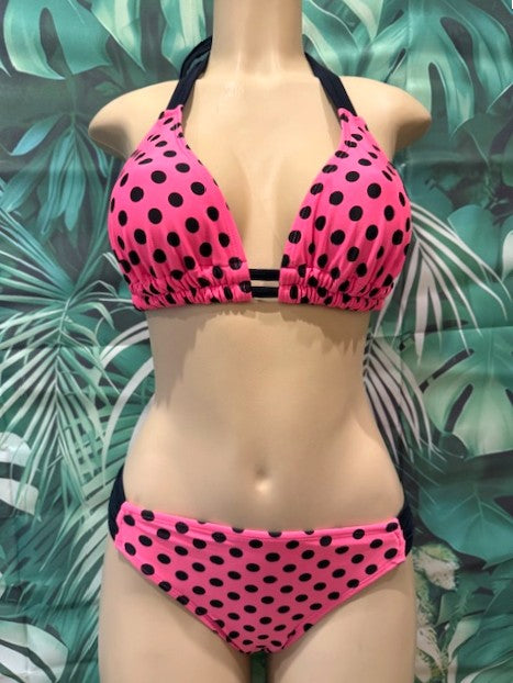 Lola Double String Bikini Top Neon Pink and Black Polka Dots