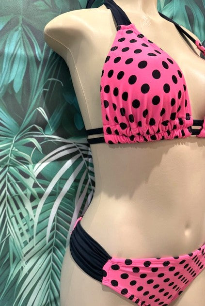 Lola Double String Bikini Top Neon Pink and Black Polka Dots