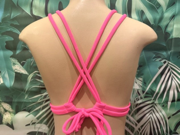 Lolita Double String Top Neon Pink Ribbed