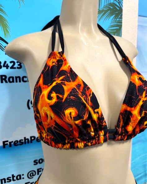 Lolita Double String Bikini Top Black and Orange Flames