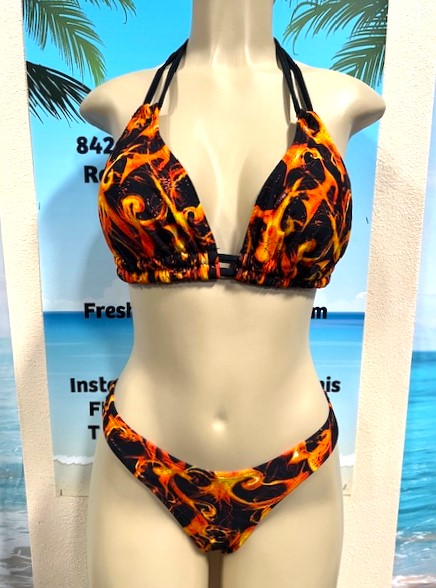 Lolita Double String Bikini Top Black and Orange Flames